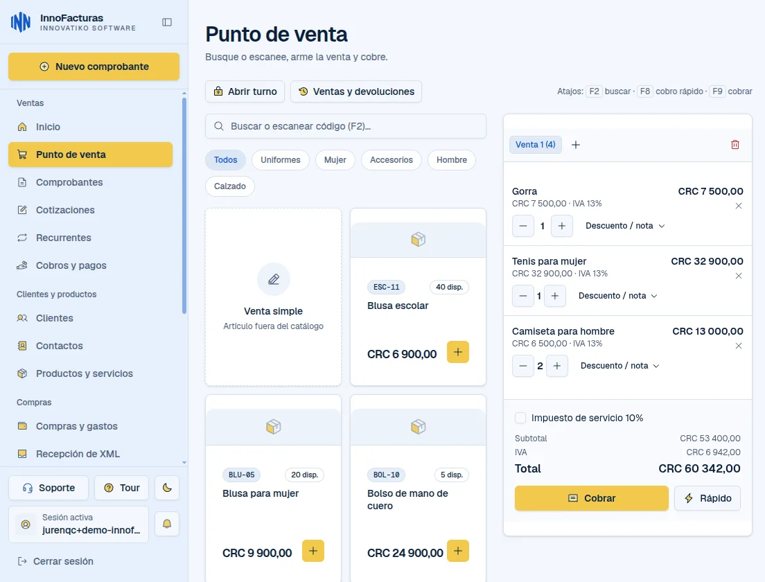 Punto de venta de InnoFacturas en un POS táctil, con prendas del catálogo y una venta de cuatro artículos, en modo claro